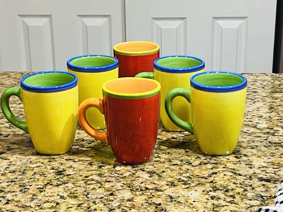 Dansk Handpainted Stoneware Mugs Set of 6 Colorful Mix 4.75” Bright Glossy  - Image 1 of 4