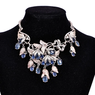 Collar Gargantilla Plato Plata Hoja Estrás Azul Vintage Foto 1 de 4
