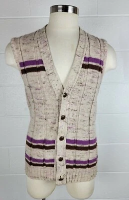 Chaleco Suéter Vintage Para Hombres McGregor Mezcla Lana Marrón Púrpura Rayas Mancha L Foto 1 de 4