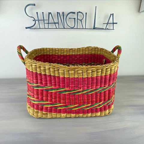 Vintage Pink Woven Basket with Green and Natural Stripes and Handles Cover