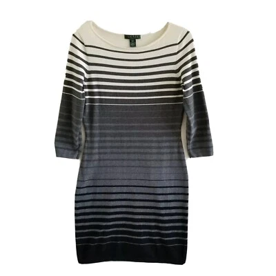 Vestido Suéter Vaina Lauren Ralph Lauren M Gris Marfil Negro Rayas Manga 3/4 Foto 1 de 4