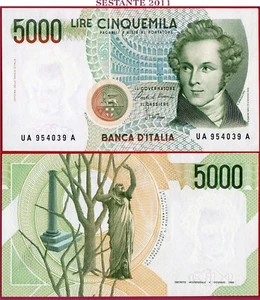 (com) ITALY - 5.000 5000 LIRE BELLINI - LETTER  A = 1985 - P 111a -  UNC  - Picture 1 of 3