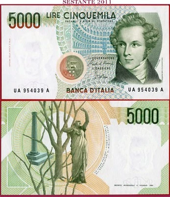 (com) ITALY - 5.000 5000 LIRE BELLINI - LETTER  A = 1985 - P 111a -  UNC  - Image 1 of 3