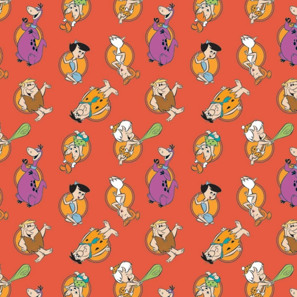 The Flintstones Stone Age Family Red 100% Cotton Fabric by The Yard - Image 1 of 1