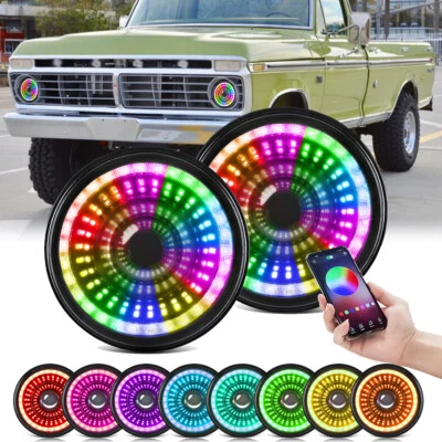 Par de faros LED RGB de 7" Halo DRL haz alto/bajo para camioneta Ford F-100 F-250 F-350 Foto 1 de 4