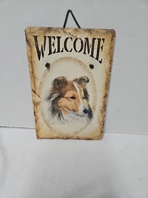  Perro Collie Áspero Pizarra Artesanal con Letrero de Bienvenida Blanco Blaze con Percha de Cuero Foto 1 de 4