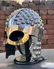 Medieval Steel And Brass Gladitor Spartan Barbuda Helmet With Chain Mail Helmet