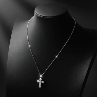 5mm D Color Moissanite Cross Pendant Necklace Chain Sterling Silver Pass Tester - Image 1 of 4