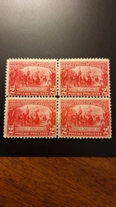 Scott #329, M/VF/H, Blk of 4, 2 cent, Jamestown, Carmine, 1907, perf 12 - Picture 1 of 2