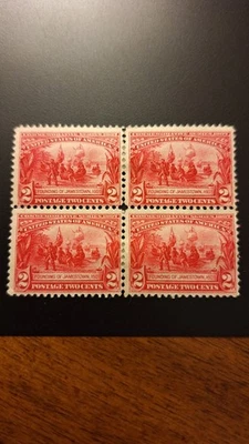 Scott #329, M/VF/H, Blk of 4, 2 cent, Jamestown, Carmine, 1907, perf 12 - Image 1 of 2