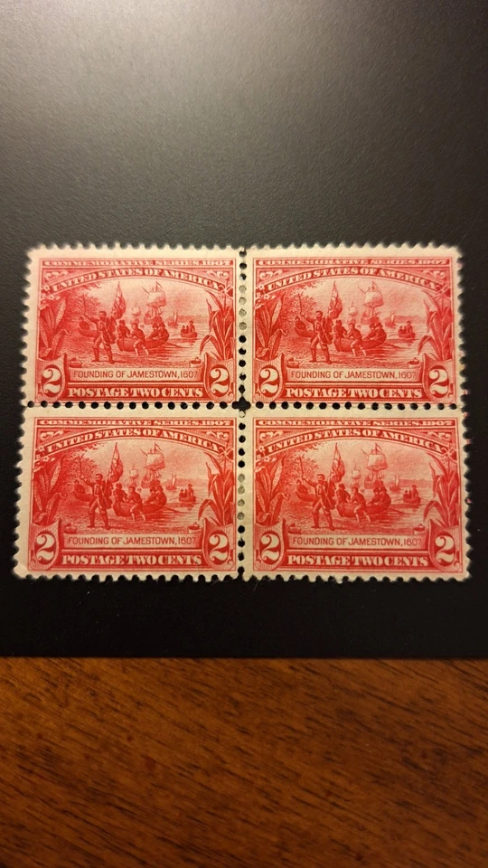 Scott #329, M/VF/H, Blk of 4, 2 cent, Jamestown, Carmine, 1907, perf 12 - Image 1 of 2