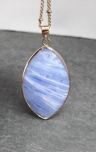 Blue Lace Agate Pendant Necklace Gold Tone Chain 34 In - Picture 1 of 4