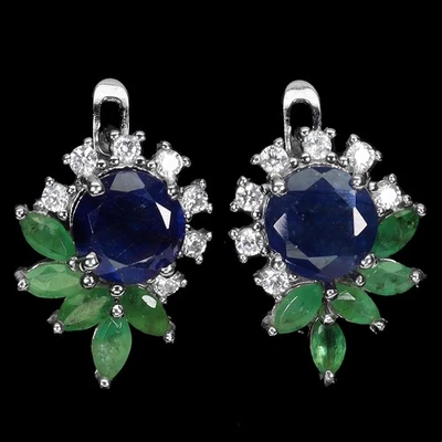 925 Sterling Silver Earrings Round Blue Sapphire 7mm Emerald Gemstone Jewelry - Image 1 of 4
