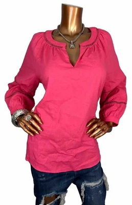 Anne Klein M Top NWT $89 Linen Blouse Pink Crochet Low V Cut Sexy Shirt 3/4 Slvs - Image 1 of 4