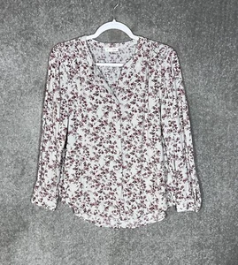Beach Lunch Lounge Top Womens Size L Gray Red Pink Button Up Long Sleeve Smocked - Picture 1 of 6