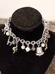 Silver Plated Charm Bracelet 15 Charms Textured Chain Toggle Catch 7.5" (M) - Picture 1 of 9