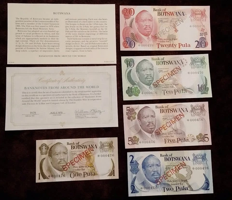 BOTSWANA 1979 1 - 20 Pula Complete 5 Specimen Set CS1 P 1-5 UNC 000476 COA Cover