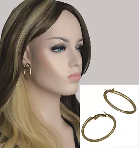 Matte Gold Tone Classic Plain Hoop Earrings Pierced 1 1/2" Surgical Steel Posts - Picture 1 of 4