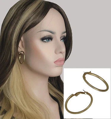 Matte Gold Tone Classic Plain Hoop Earrings Pierced 1 1/2" Surgical Steel Posts - Image 1 of 4