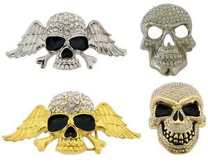Skeleton Belt Buckle Skull Crossbones Crown Rhinestone Metal Fashion Mens Womens - Picture 1 of 16