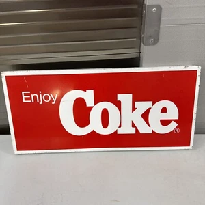 1980’s Coca Cola Sign Enjoy Coke 22”x10" Metal Sign Coke Cooler Stand Banner -9 - Picture 1 of 13