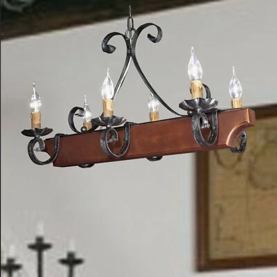 Chandelier Rustic 6 Lights Iron Forged Hand and Wood Color Walnut for Cooking - Image 1 of 2