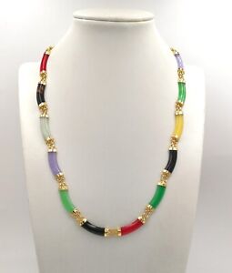 Green Red Purple White Yellow Jade Black Agate Gold Plated Link Necklace Women