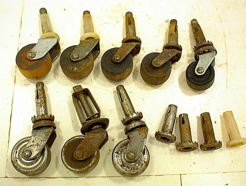 LOT OF 8 ANTIQUE FURNITURE CASTERS 4 WOOD 3 STEEL 1 COMPOSITE + MISC Cover