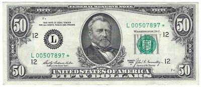 1969A Fifty Dollar Star Note L00507897*  San Francisco DC 2115-L Front Plate 23 - Image 1 of 2