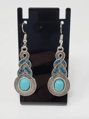 Retro Ethnic Bohemian Tibetan Silver Turquoise Hook Wire Earrings - New - Image 1 of 3