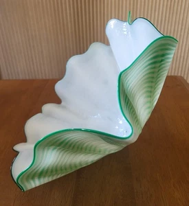 Hand Blown OOAK Green White Stripe Undulating Ruffle Edge Studio Art Glass Bowl - Picture 1 of 14