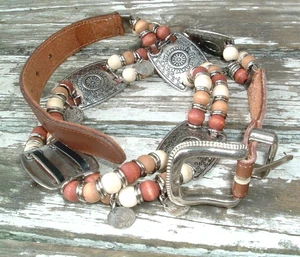 VINTAGE HERREN GROSSER MEXIKANISCHER COWBOY CONCHO HOLZ UND MÜNZE LEDER GÜRTEL - Bild 1 von 5