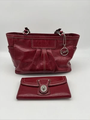 Red Coach Patent Leather Satchel Handbag With Matching Wallet - Image 1 of 4