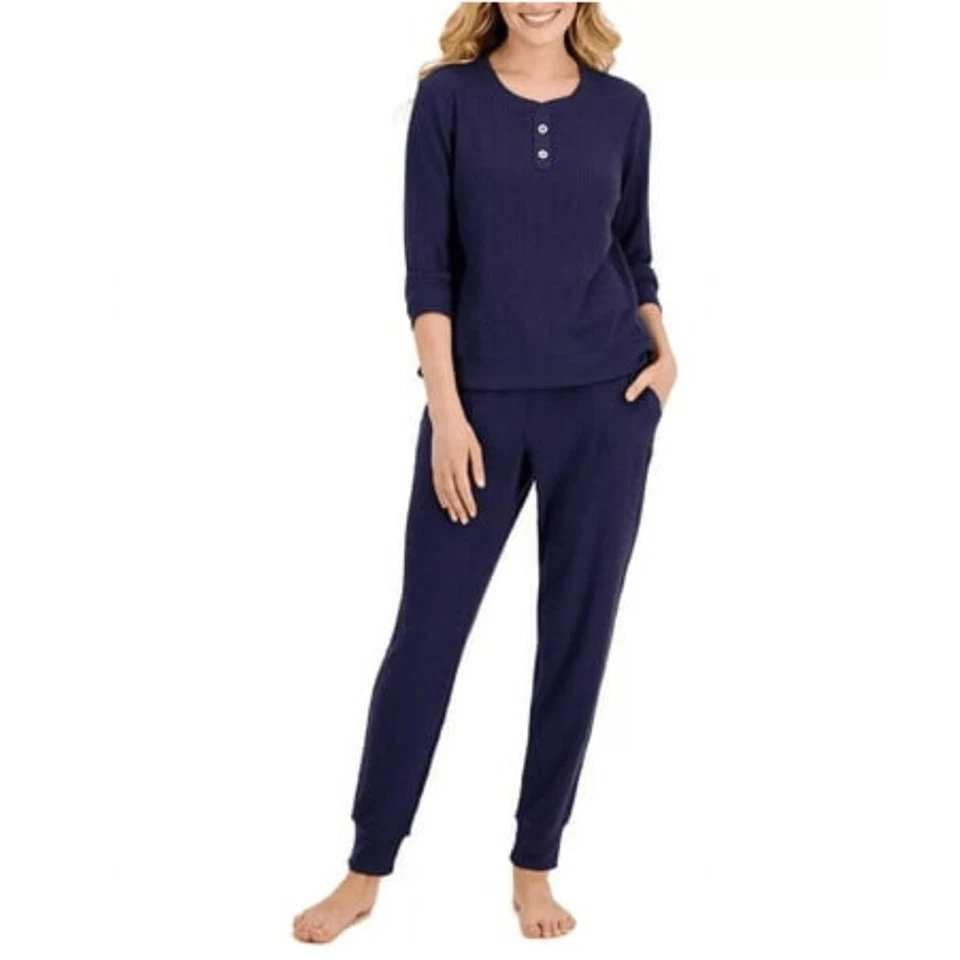 Alfani Womens 2-Piece Thermal Waffle-Knit Henley Pajama Set Eclipse Blue X-Small - Image 1 of 1
