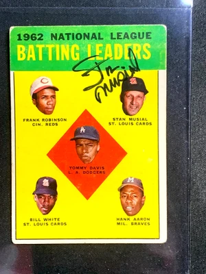 1963 TOPPS #1  STAN MUSIAL  N.L. BATTING LEADERS SIGNED BOLDLY  BLACK INK VG+ - Image 1 of 2