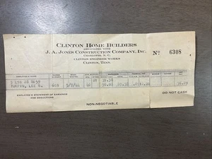 7 May 1944 Clinton Home Builders JA JONES construction Pay Stub Clinton Tn B50 - Picture 1 of 4