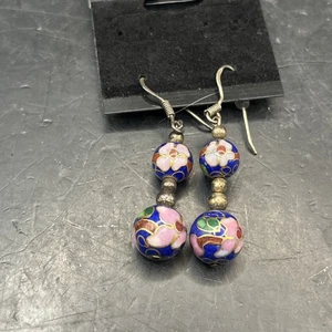 Orecchini pendenti vintage cloisonné smalto e perle vetro cobalto goccia lunga boho - Foto 1 di 4