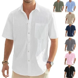 Men's simple solid color pocket short sleeved shirt with collar - Picture 1 of 12