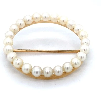 Broche broche corona perlas redondo blanco oro amarillo 14K Tiffany & Co vintage 4 mm Foto 1 de 4