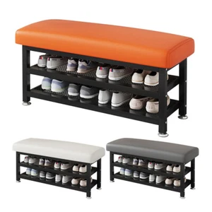 2 Tier Shoe Bench Cushion Storage Rack Storage Shoe Rack Footstool for Entryway - Picture 1 of 19