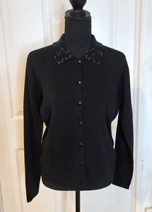 Vintage MCM Pendleton Classic Wool / Acrylic Black Sweater w Beaded Collar S-M - Picture 1 of 10