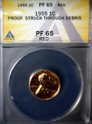 1955 ERROR ANACS PR65 Struck Thru Thread Lincoln Wheat Cent GEM PROOF RARE Coin - Image 1 of 4