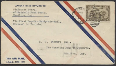 1928 Flight Cover Oct 1 1st Daily Service Montreal to Toronto AAMC #2848 - Изображение 1 из 2