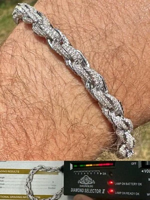 MOISSANITE Hip Hop Rope Bracelet Iced Real Solid 925 Sterling Silver 7.5mm Mens - Image 1 of 4