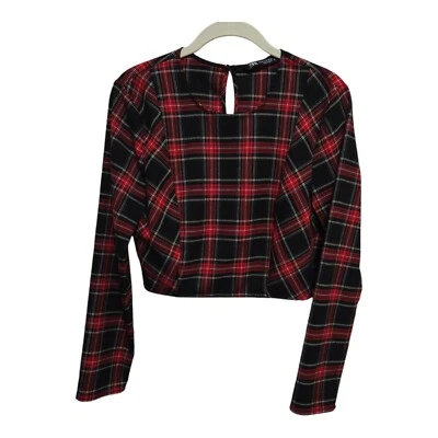 Zara Top Black Red Plaid Cropped Long Sleeves Size Medium Holiday Party - Image 1 of 4