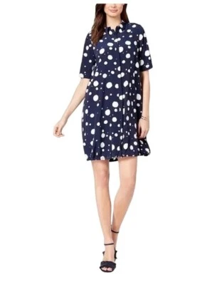 Vestido camisero Alfani azul marino blanco lunares dobladillo elástico Foto 1 de 4