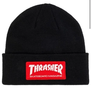 BLACK BEANIE HAT THRASHER SKATE MAG PATCH ONE SIZE BLACK WITH RED PATCH - Picture 1 of 1
