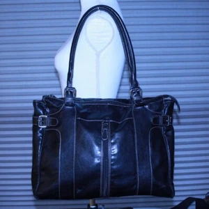 Multi Sac Large Black Faux Leather Vinyl Zip Top Career Tote - 13x16x4 - Picture 1 of 17