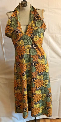 Soul Flower Multicolored Halter Dress Size Small Organic Cotton Floral Stretch  - Image 1 of 4