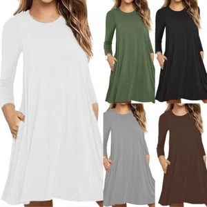 Womens Long Sleeve Pocket Casual Loose T-Shirt Dresses Solid Swing Tunic Dress - Picture 1 of 7